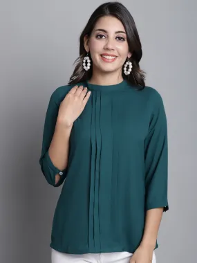 Women's Casual  Green Solid Band Collar Top