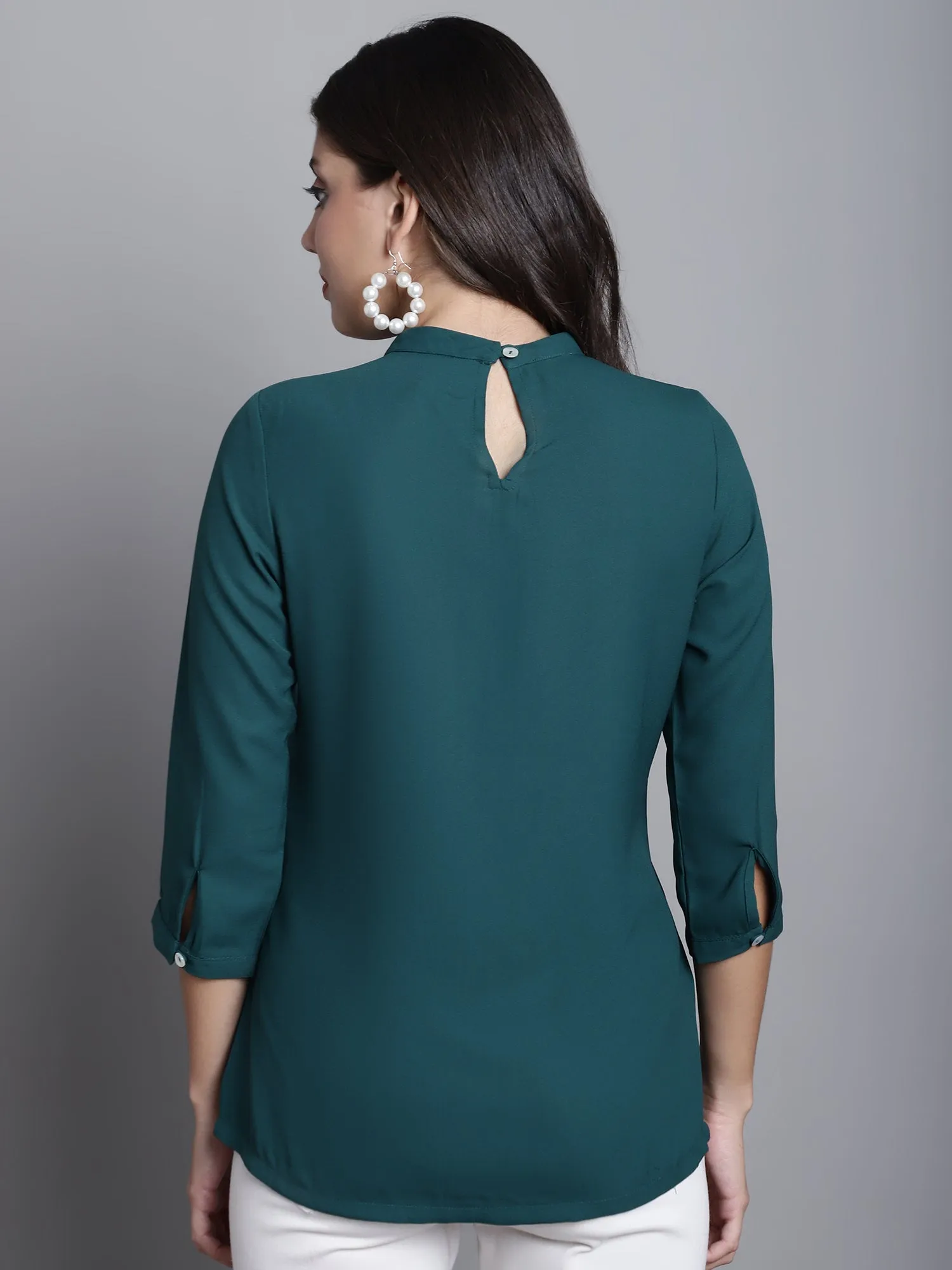 Women's Casual  Green Solid Band Collar Top