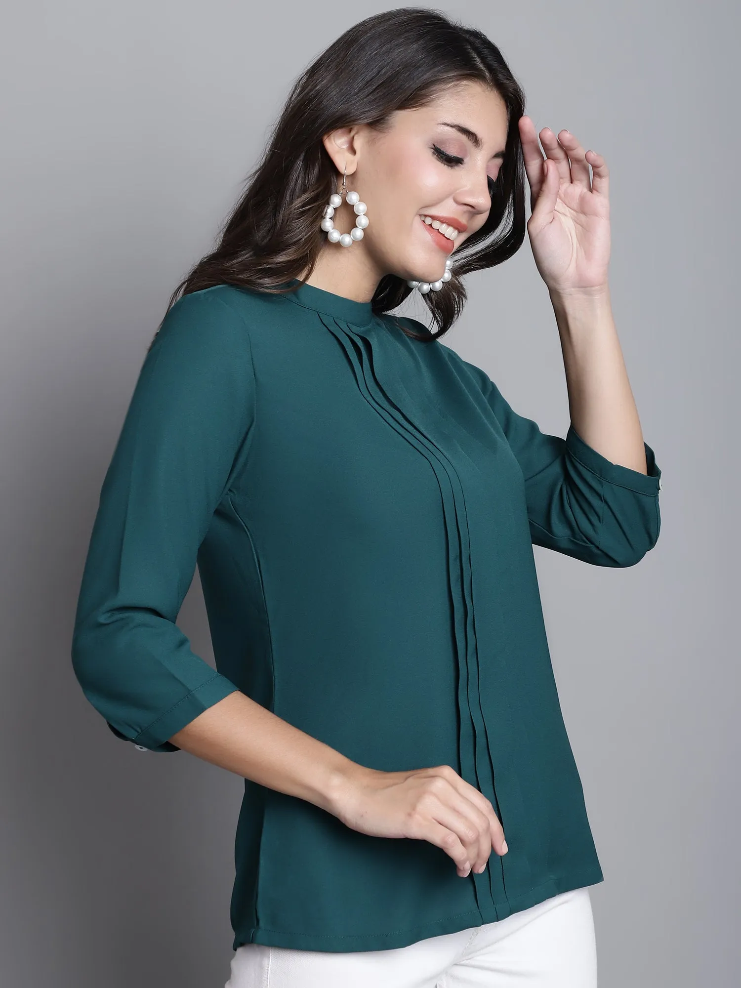 Women's Casual  Green Solid Band Collar Top