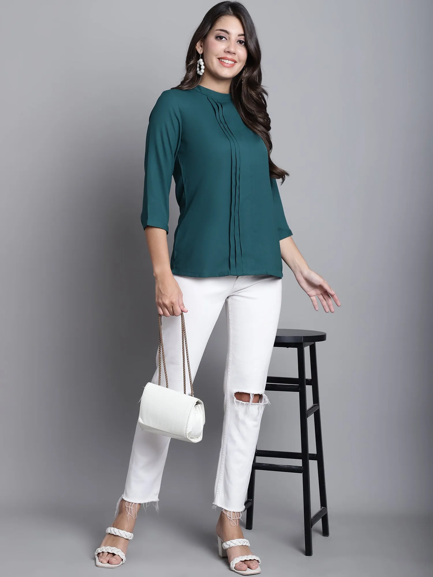 Women's Casual  Green Solid Band Collar Top