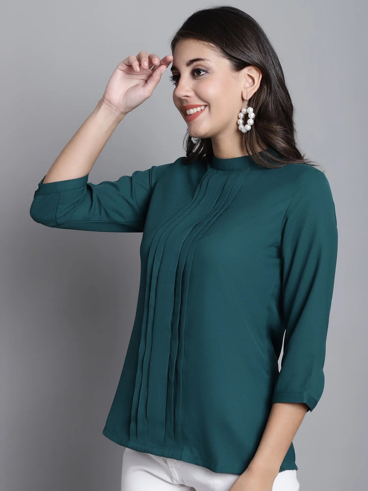 Women's Casual  Green Solid Band Collar Top