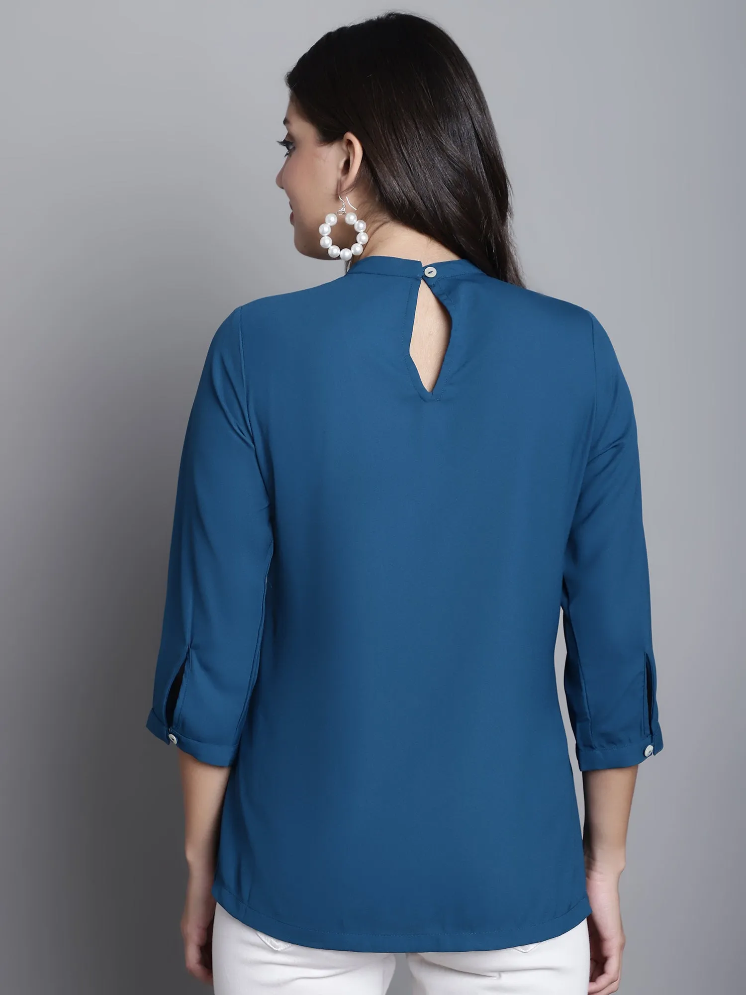 Women's Casual  Teal Blue Solid Band Collar Top