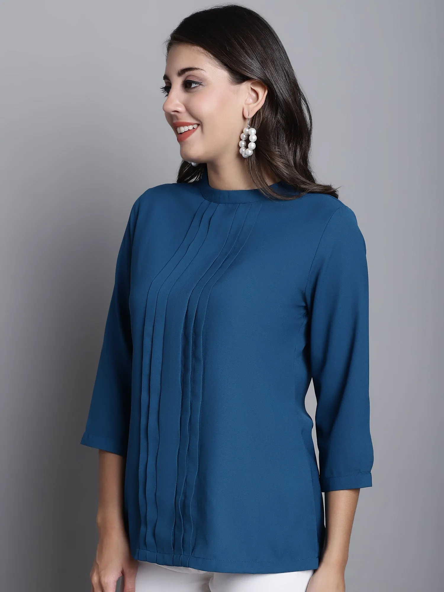 Women's Casual  Teal Blue Solid Band Collar Top