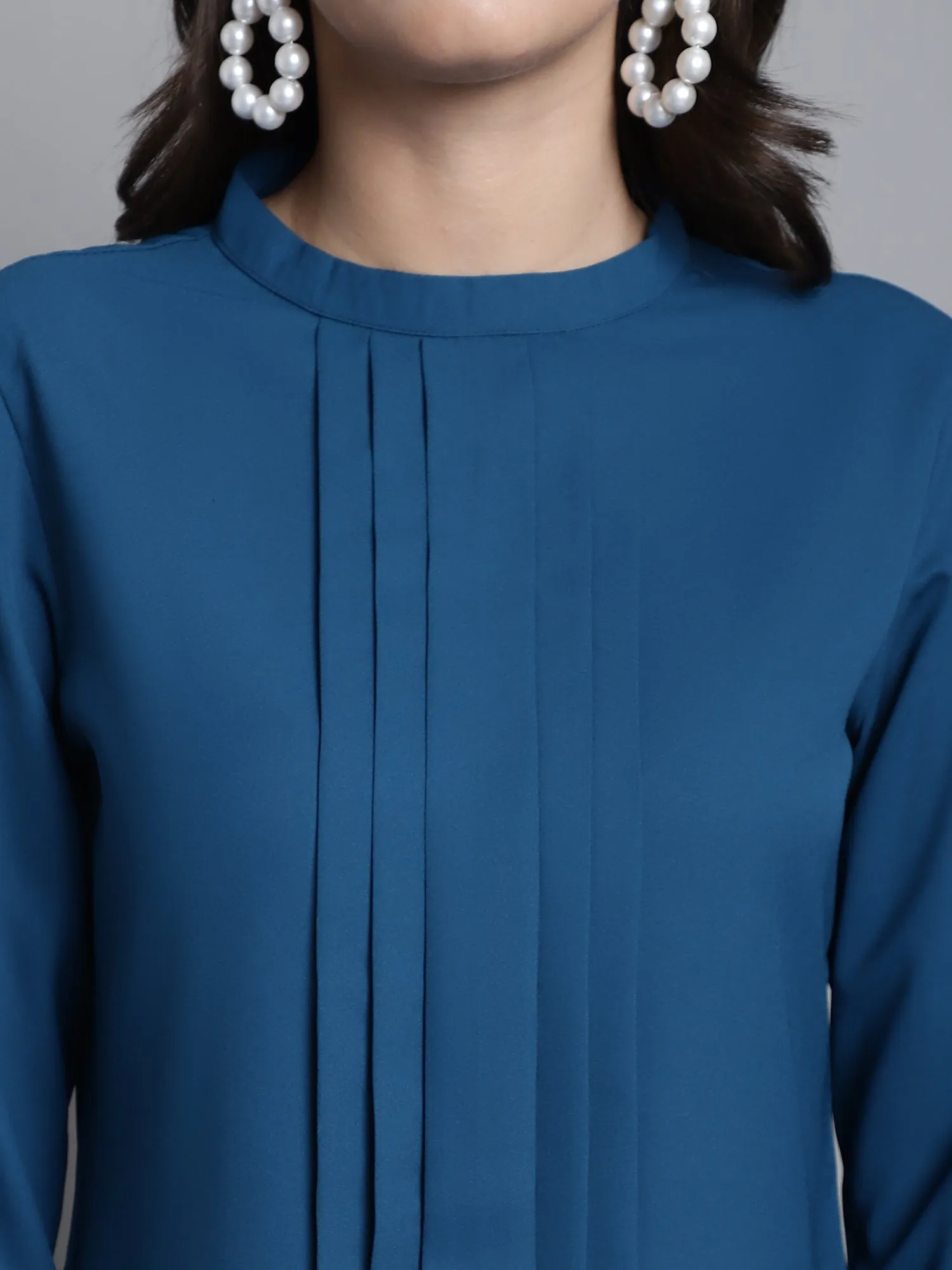 Women's Casual  Teal Blue Solid Band Collar Top