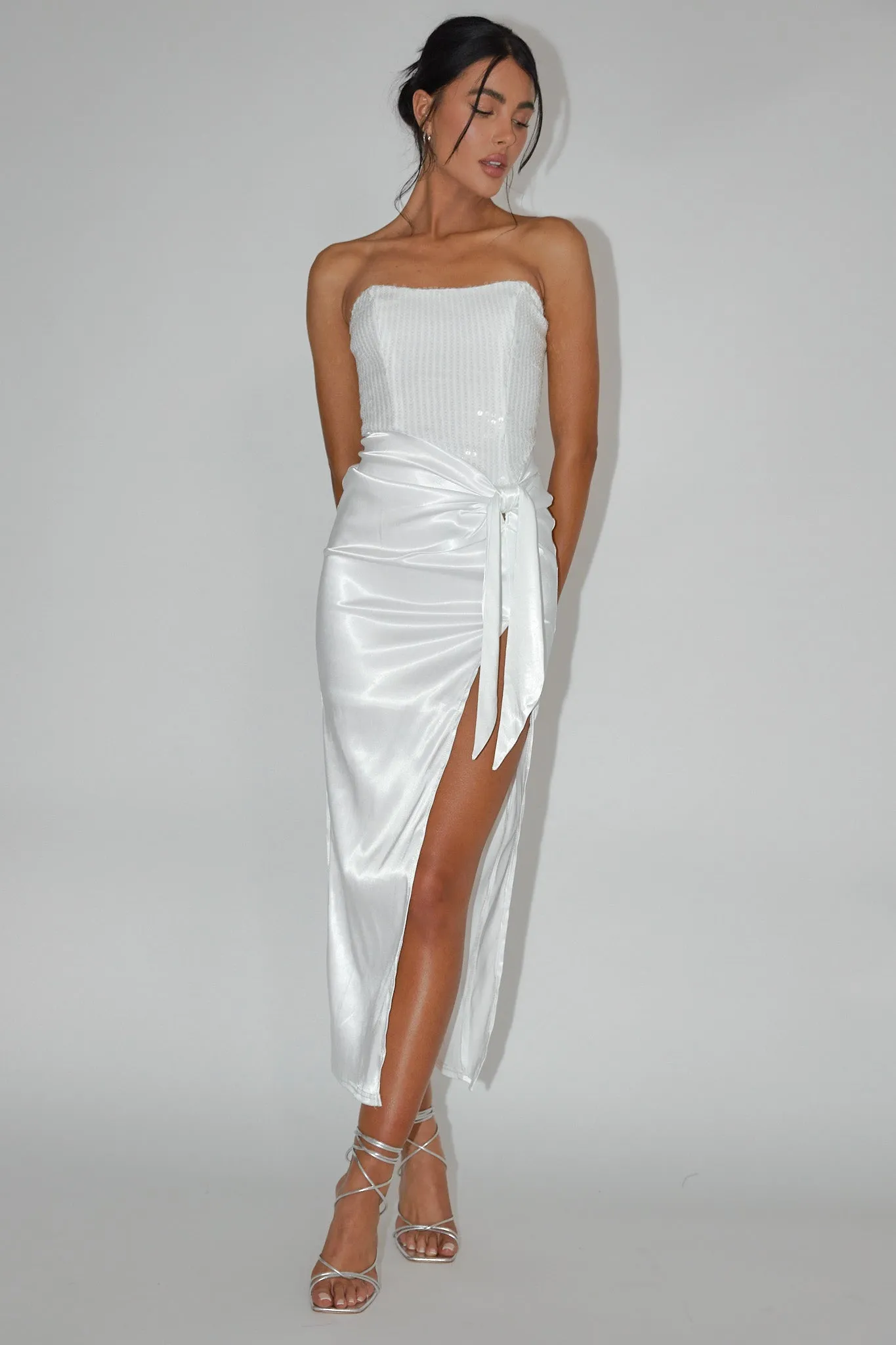 Yadira Sequin Bodice Satin Midi Dress White