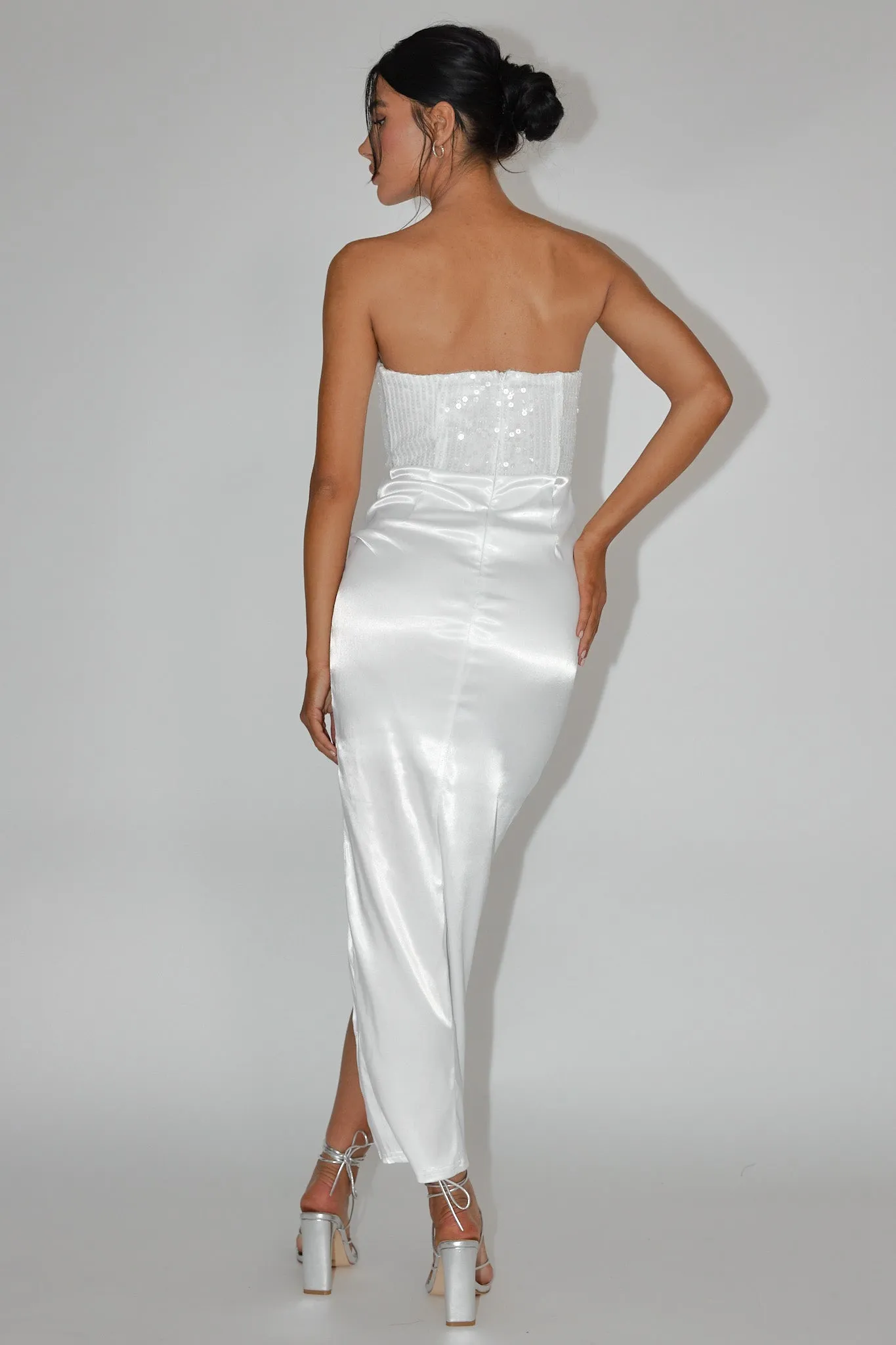 Yadira Sequin Bodice Satin Midi Dress White