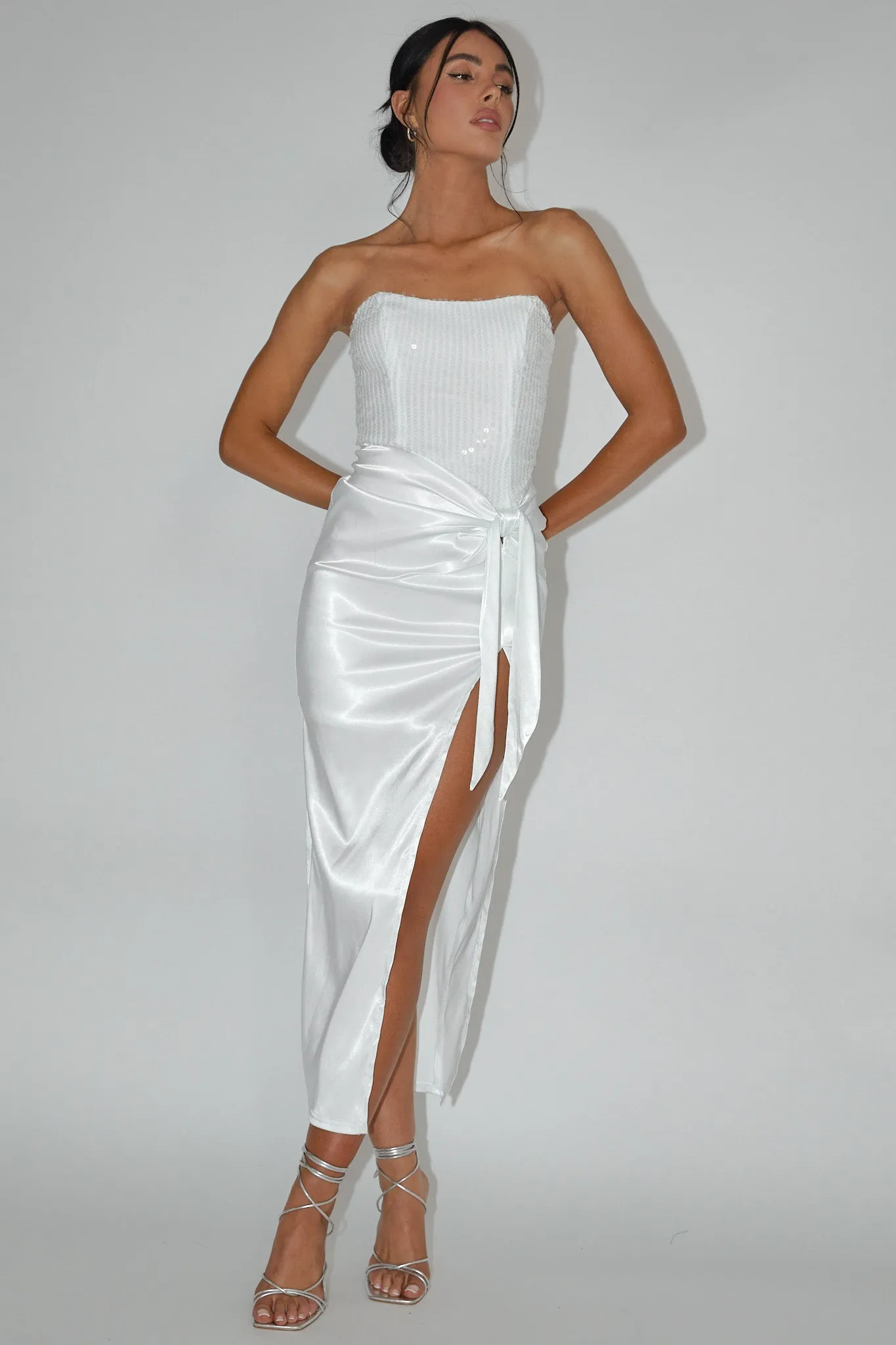 Yadira Sequin Bodice Satin Midi Dress White